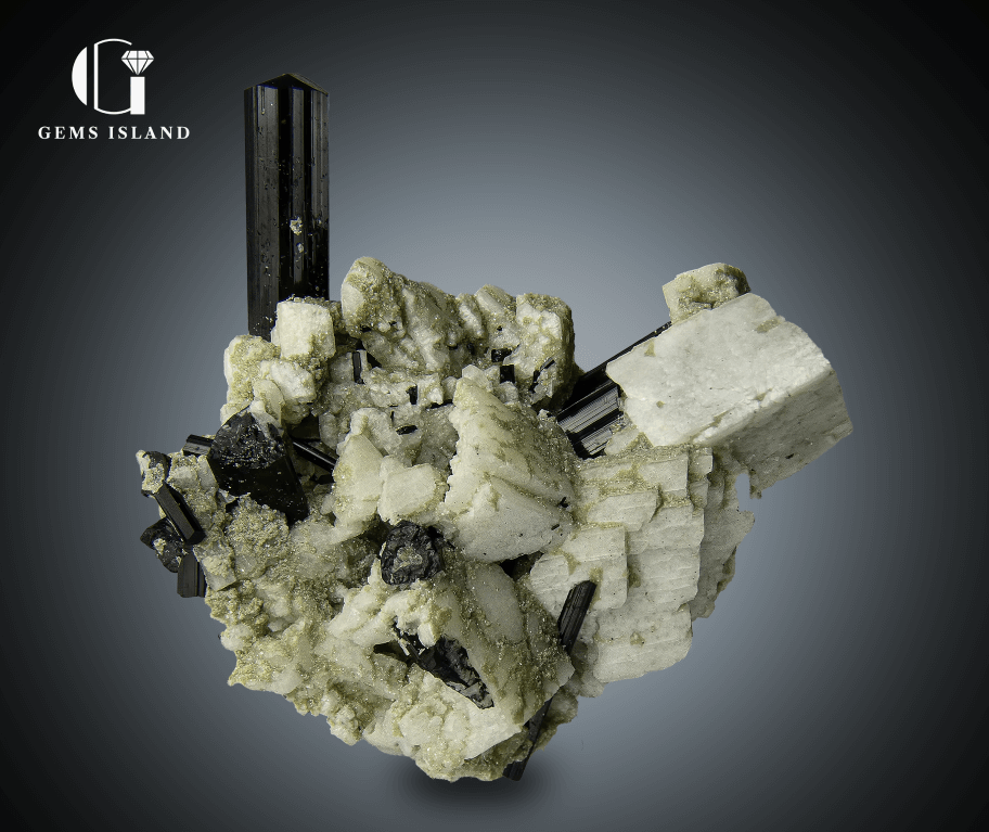 Black Tourmaline Crystals on Albite